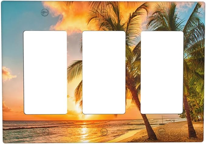 Light Switch Cover Sunset Beach Palm Tree Seascape 3 Gang Wall Plate Triple Light Switch Plate Tropical scenery Rocker GFCI Outlet Covers Decorative Receptacle Cover for Bathroom Home Decor