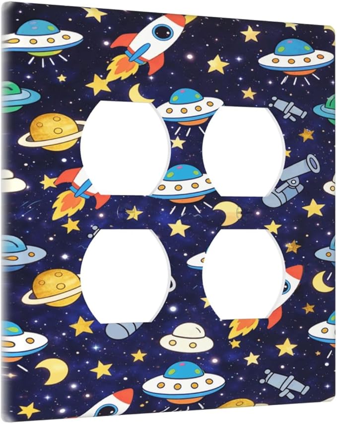 Decorative Outlet Covers Blue Space-themed Rocket Spaceship 2 Gang Light Switch Cover Plate Double Duplex Wall Plates for Electrical Switch Plate Covers for Children's Room Decor