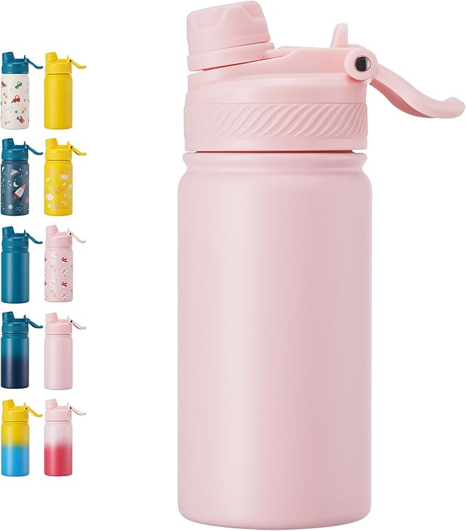 Fijinhom 12 oz Kids Water Bottle, 2-in-1 Stainless Steel Vacuum Insulated Water Bottle for Toddler, Leak Proof Spout & Straw, Double Wall Thermal Flask for Boys&Girls, School, Outdoor, Travel (Pink)