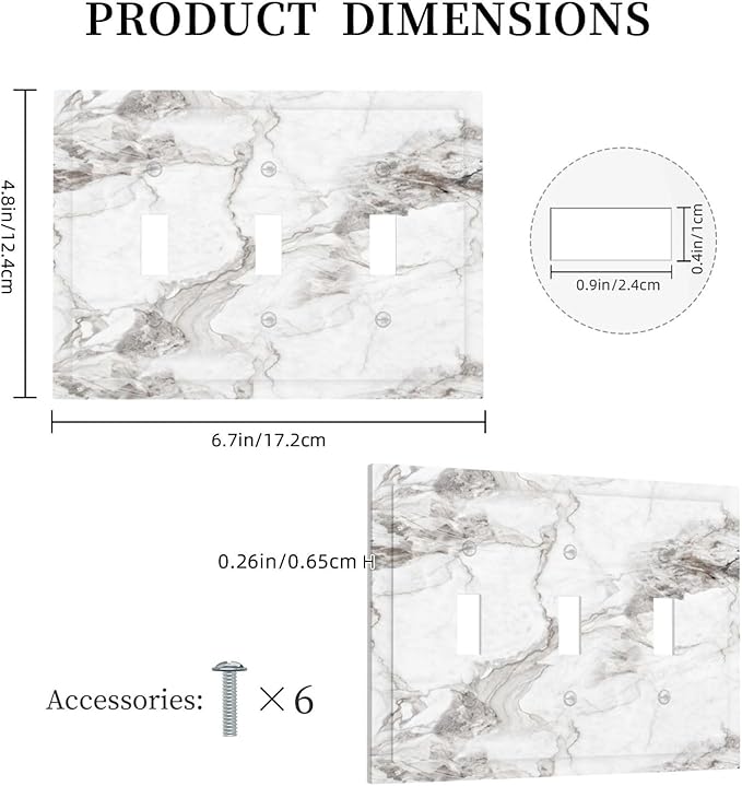 White And Gray Marble Patterns Texture Abstract Print Decorative Switch Plates 3 Gang Wall Plate Triple Toggle Light Switch Cover Faceplate Electrical Wall Panels for Bathroom Kitchen Decor