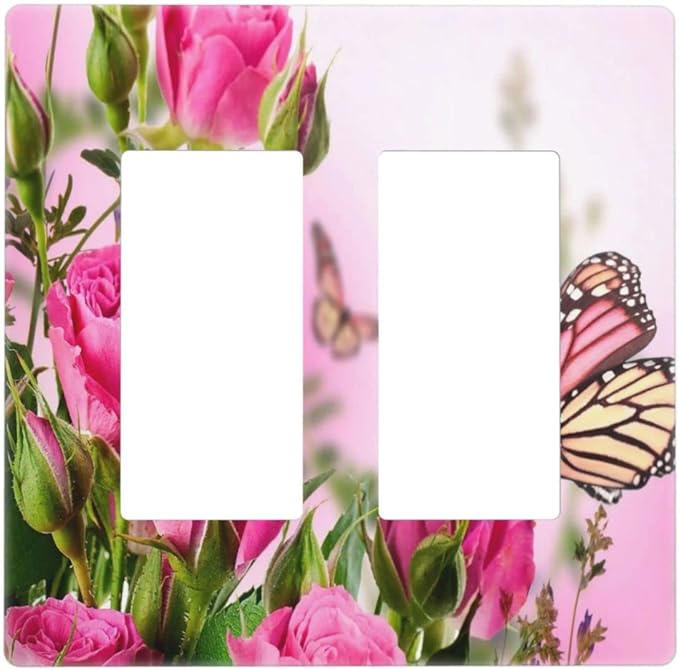 Pink Flower Butterfly 2 Gang Double Rocker/Decor Light Switch Cover Decorative Outlet Wall Plate Electrical Faceplate Spring Floral Plant Pink Green Home Bedroom Art Panel Decor Screwless 4.7" x 4.6