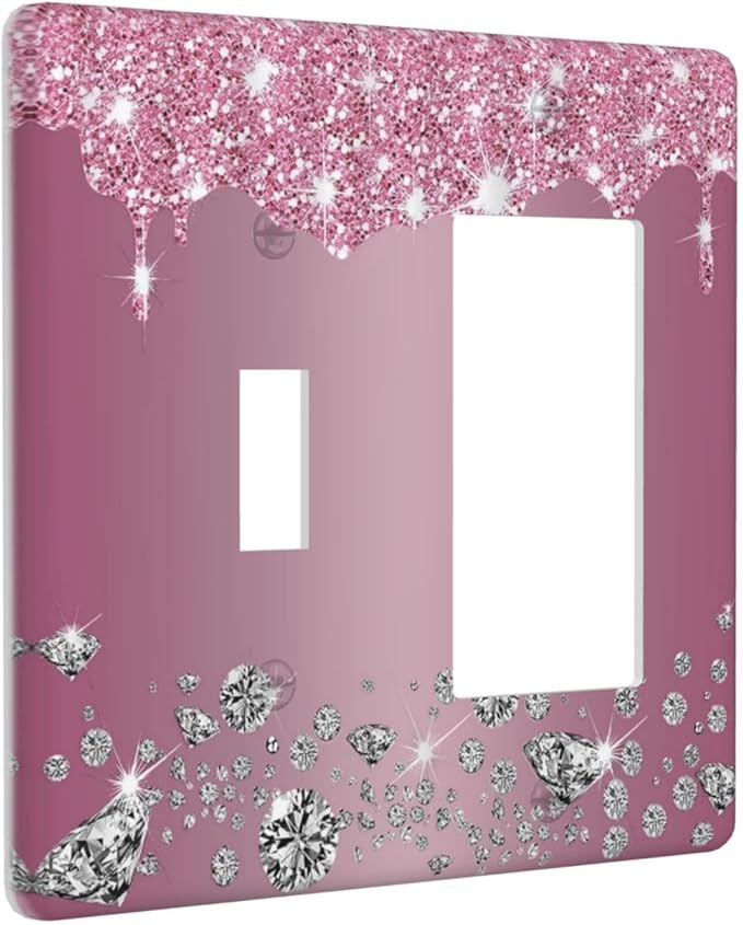 Sparkling Diamonds Pink Silver Glitter Drops Print 2 Gang Single Toggle Rocker Combination Light Switch Cover Unique Decorative Wall Plate Cover Electrical Faceplate Switchplate for Bathroom Decor