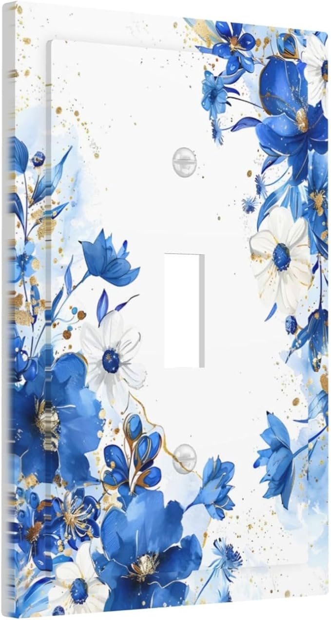 Klein Blue Flowers Watercolor Golden White Floral Decorative Light Switch Cover 1 Gang Single Toggle Device Electrical Faceplate Switchplates Decorator Outlet Wall Plate for Bedroom Living Room Decor