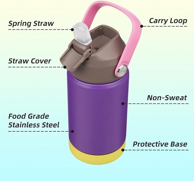 Konokyo Insulated Water Bottle with Straw Lid,12 oz Stainless Steel Vacuum Metal Bottle with Silicone Handle,Violets