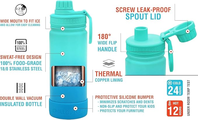 CHILLOUT LIFE 22 oz Kids Insulated Water Bottle for School with Leakproof Spout Lid and Cute Waterproof Stickers, Personalized Stainless Steel Thermos Flask Metal Water Bottle, Ocean Blue