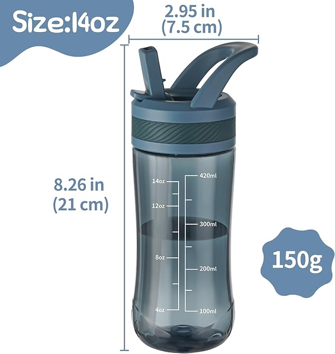 Kids Clear Water Bottle 14oz Flip with Straw Carry Handle, Leakproof, Reusable, Tritan, BPA Free, Suitable for Boys and Girls, Dark blue