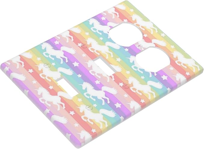 Rainbow Colorful Unicorn 3 Gang 2 Toggle 1 Duplex Combination Decorator Light Switch Outlet Cover Wall Plate, Cute Girls Kids Dream Fantasy Animals Triple Device Combo Receptacle Switch Face Plate