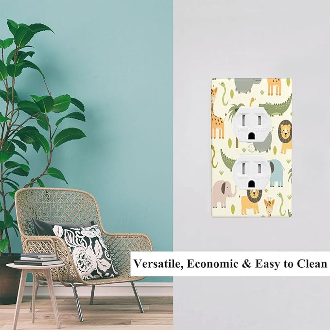 Cartoon Animal Outlet Covers Cute Hippo Crocodile Lion Elephant And Giraffe Funny Wildlife 1-Gang Wall Plate Duplex Standard Receptacle Plug Cover for Boys Girls Room