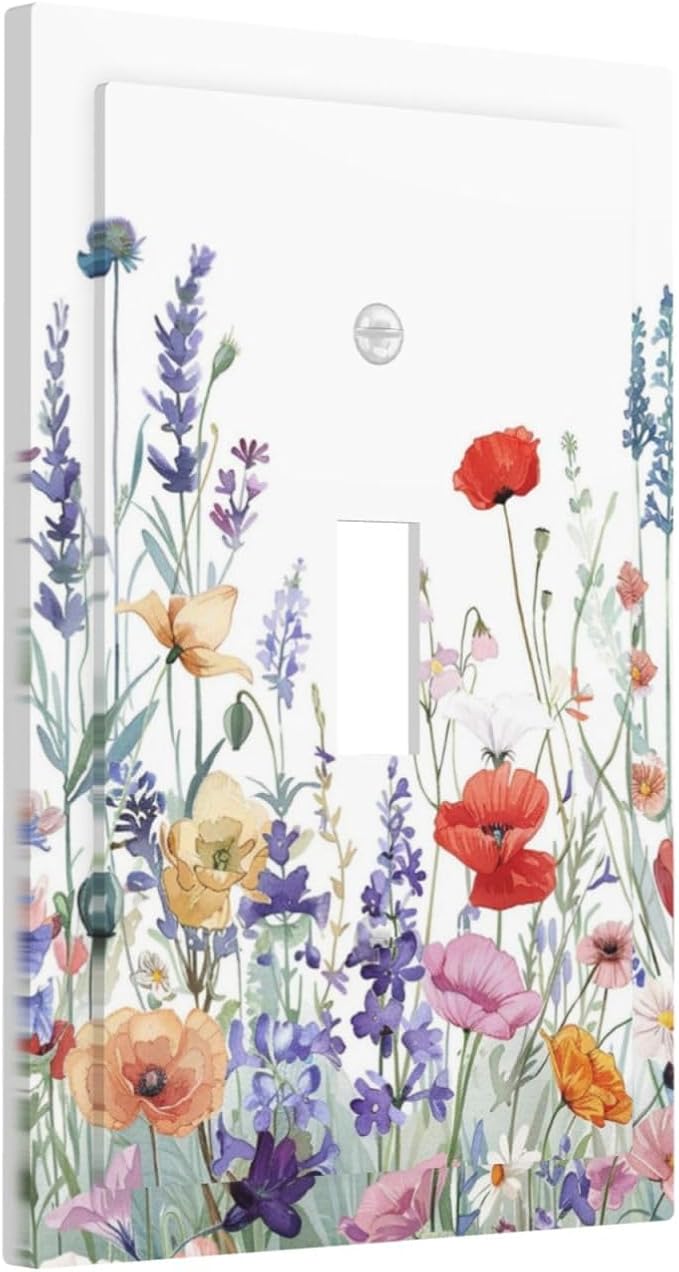Colorful Floral Purple Lavender Flower Leaves Plants Decorative Light Switch Cover 1 Gang Single Toggle Device Electrical Faceplate Switchplates Decorator Outlet Wall Plate for Bed Room Living Room