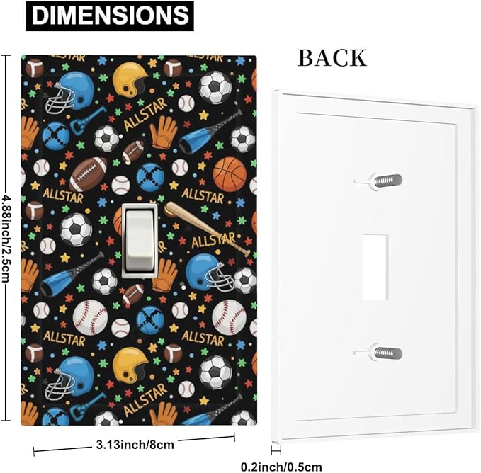 All Star Sports 1-Gang Toggle Light Switch Plate, Multi-Sport Football Baseball Basketball Decorative Wall Plate for Boys & Girls Room