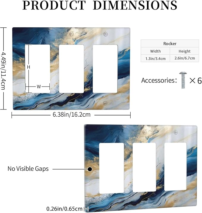 Abstract Blue Granite Luxury Watercolor Marble Texture Print 3 Gang Rocker Light Switch Covers Decorative Unique Triple Outlet Wall Plate Cover Faceplate Decorative Switchplate GFCI for Kitchen