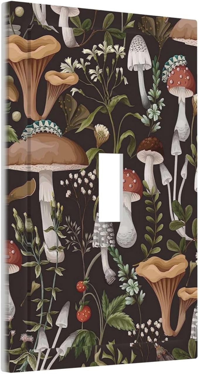 Black Retro Vintage 70s 60s Boho Hippie Mushroom Fungus 1 Gang Single Toggle Outlet Light Switch Wall Plate Outlet Cover Botanical Floral Plant Electrical Faceplate Decorative Switchplate