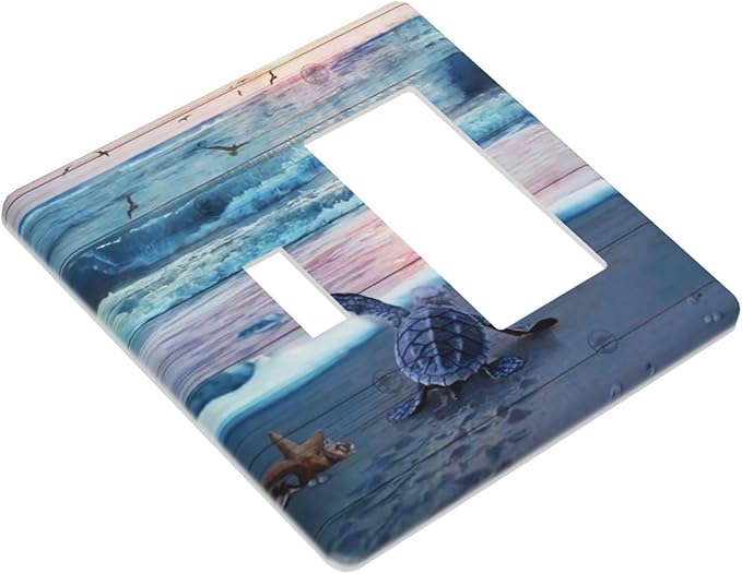 2 Gang Combination 1-Toggle 1-Rocker GFCI/Decorator Outlet Light Switch Cover Nautical Sea Ocean Beach Blue Turtles Starfish Coastal Marine Decorative Combo Two Dual Device Receptacle Wall Plate