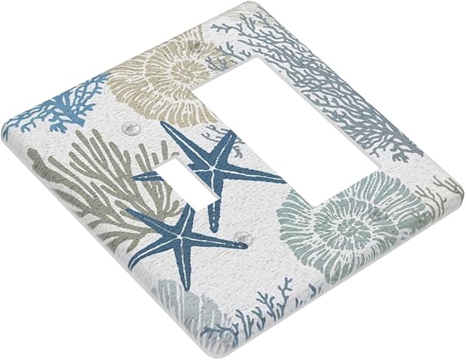 Blue Nautical Beach Coral Starfish 2 Gang Single Toggle/Rocker Combination Light Switch Cover Decorative Combo Wall Plate Cover Electrical Faceplate Room Decor