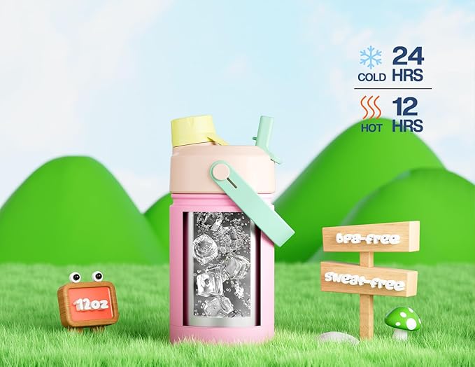 POWCAN 2 Pack 12 oz Kids Insulated Water Bottle for School: Leakproof, 2-in-1 Straw Spout Lid, BPA-Free, Keep Cold 24 Hrs, Stainless Steel Cup for Sports, Travel, Gift (Peachy Cream & Pine Sprout)