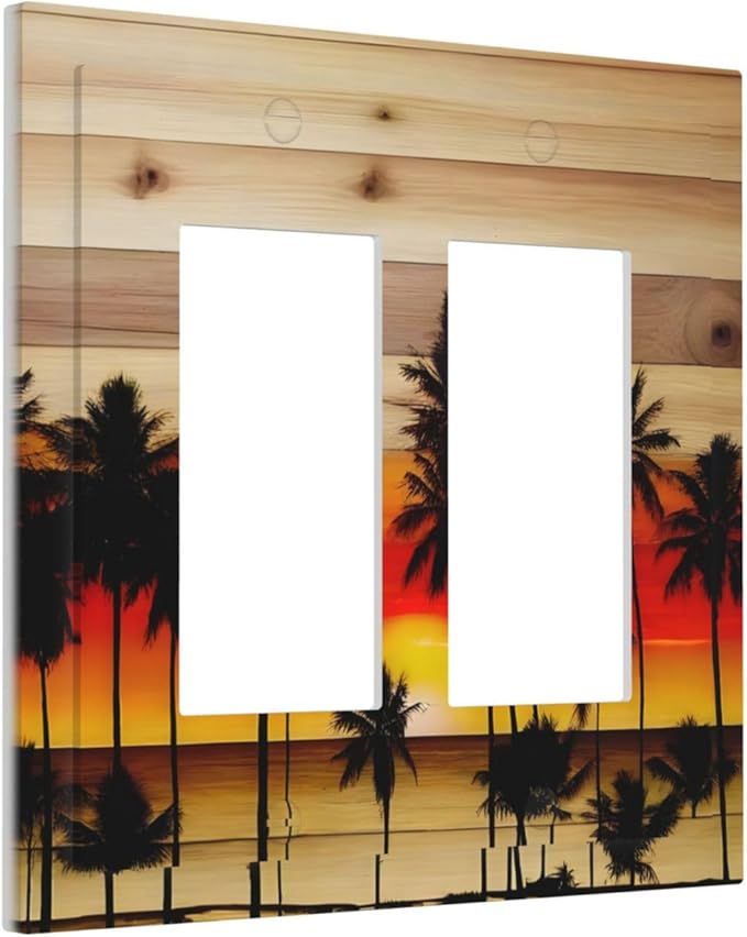 Sunset Beach Coconut Palm Tree Wooden Background Decorative Outlet Covers 2 Gang Double GFCI Rocker Electrical Wall Panels Light Switch Cover Plate for Bedroom Living Room Decor