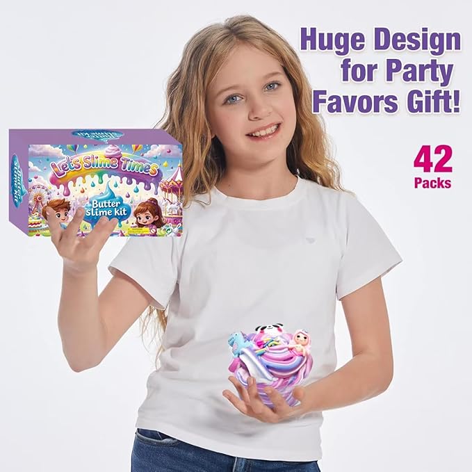 Butter Slime Kit with Multiple Colors, 42 Packed Slimes with 24 Decorative Toppings, Sprinkles, Craft Toy, Party Favors for Kids, Gift for Girl and Boys 6 7 8 9 10 11 12