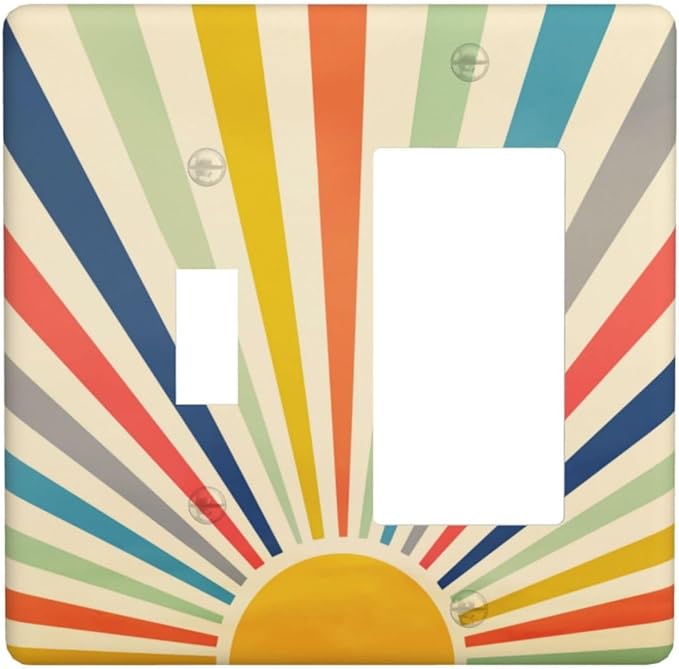 Retro Hippie Boho 60s Sun 2 Gang Combination 1-Toggle 1-Rocker GFCI/Decorator Outlet Light Switch Cover Vintage 70s Mid Century Abstract Sunrise Decorative Combo Two Dual Device Receptacle Wall Plate