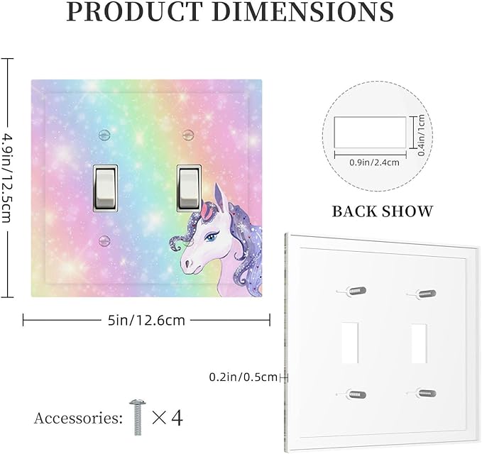 Rainbow Unicorn Double Toggle Switch Cover - 2-Gang Standard US Size Pastel Galaxy Sparkle Light Switch Covers, Magical Fantasy for Boys & Girls Bedroom