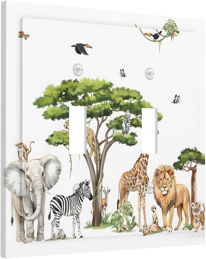 Large Animals Elephant Giraffe Jungle Lion Leopard Zebra Decorative Switch Plates 2 Gang Double Toggle Outlet Light Switch Cover Wall Plate Electrical Faceplate for Kids Room Nursery Decor