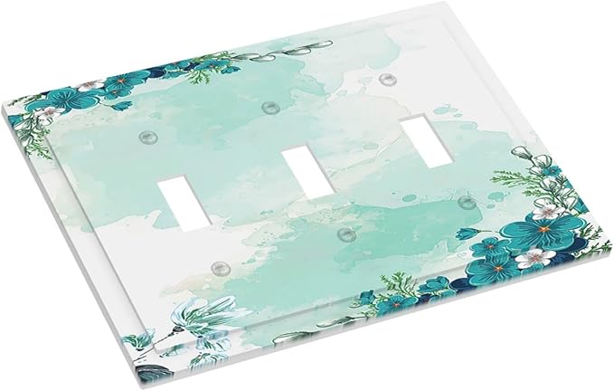Decorative Switch Plates Blue Green Flowers Light Green Watercolor Patterns 3 Gang Wall Plate Faceplate Triple Toggle Light Switch Cover Electrical Wall Panels for Bedroom Home Decor