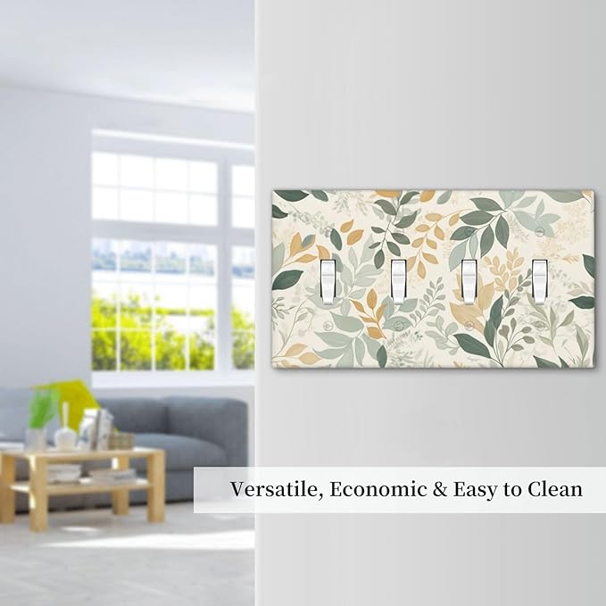 Boho Watercolor Leaves Quad Toggle Light Switch Cover Watercolor Green Botanical 4 Gang Wall Plate Decorative Electrical Switchplates Covers for Country Bathroom Bedroom Kitchen Decor