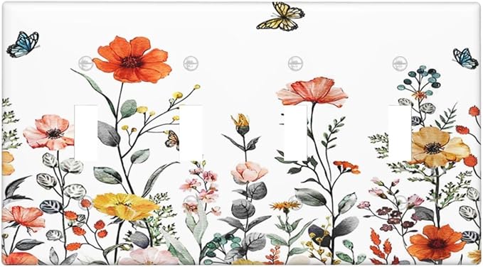 Colorful Butterfly Blossom Flower Floral Decorative 4 Gang Quad Toggle Light Switch Cover Electric Large Size Quadruple Faceplate Decorative Switch Face Wallplate