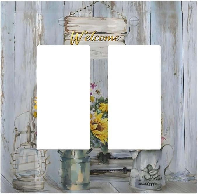 Rustic Sunflower Floral Vintage Wood Board Decorative Outlet Covers 2 Gang Double GFCI Rocker Electrical Wall Panels Light Switch Cover Plate for Farmhouse Home Decor