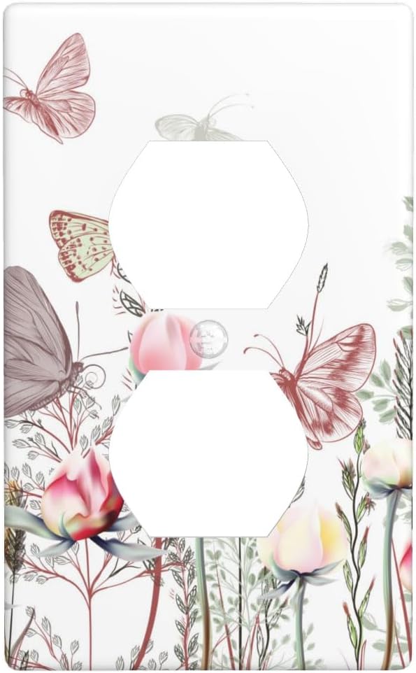 1-Gang Duplex Outlet Wall Plate, Pink Vintage Wildflower & Butterfly Printed Pattern Outlet Cover, Boho Cottage Decor for Bathroom Bedroom