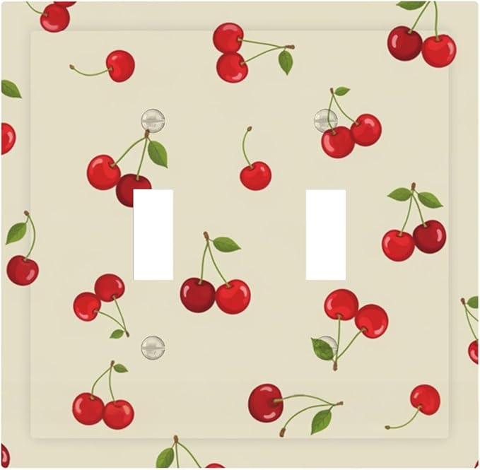 Sweet Cherry Blossom Double Toggle Switch Cover - 2-Gang Standard US Size Playful Cherry Duo Light Switch Covers, Retro Cherry Print for Girls Room Decor
