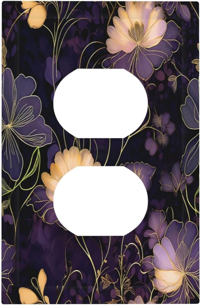 Modern Boho Vintage Gold Purple Dark Floral Modern Abstract Flowers Outlet Covers 1 Gang Duplex Electrical Receptacle Faceplate Light Switch Cover Wall Plate Decorative Switch Plates for Bedroom