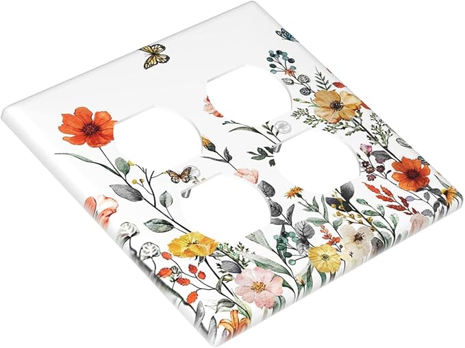 Colorful Country Vintage Floral Butterfly Flowers 2-Gang Device Duplex Wall Plate, Rural Watercolor Wildflower Decorative Two Gang Double Duplex Receptacle Socket Outlet and Light Switch Cover Plate