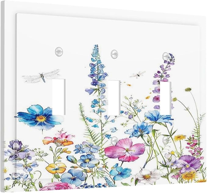 Decorative Switch Plates Boho Colorful Flowers Plants And Dragonflies 3 Gang Wall Plate Faceplate Triple Toggle Light Switch Cover Electrical Wall Panels for Bedroom living Room Decor