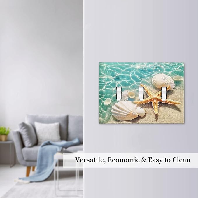 Decorative Switch Plates Sea Shells And Star Fish In Ocean Beach 3 Gang Wall Plate Triple Toggle Light Switch Cover Faceplate Electrical Wall Panels For Bathroom Home Decor