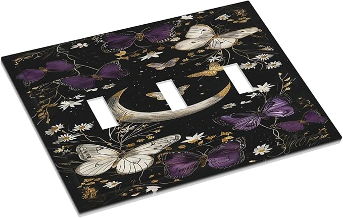 Decorative Light Switch Cover Plate Boho Crescent Moon Butterfly 3 Gang Wall Plate Triple Toggle Switch Plate Covers Electrical Outlet Cover for Bedroom Home Decor