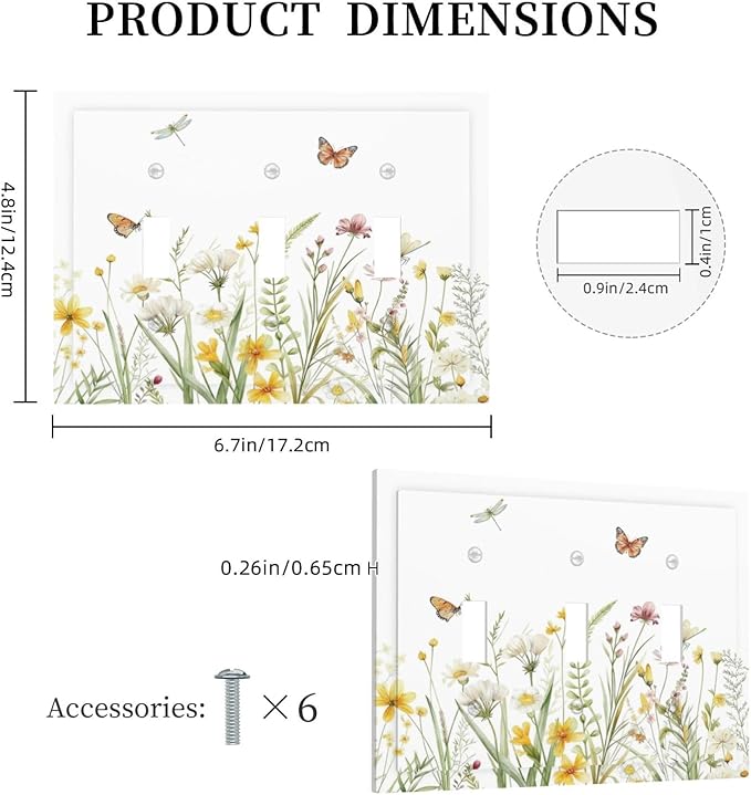 Colorful Wildflowers Dragonfly Butterfly Floral Decorative Switch Plates 3 Gang Wall Plate Triple Toggle Light Switch Cover Faceplate Electrical Wall Panels for Bedroom Living Room Decor