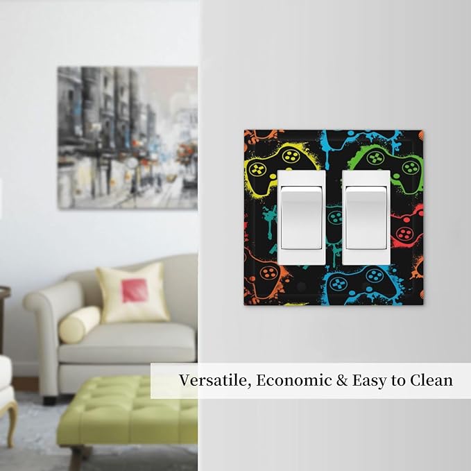 Gaming Hippie Gamer Modern Gamepad Colorful Graffiti Decorative Outlet Covers 2 Gang Double GFCI Rocker Electrical Wall Panels Light Switch Cover Plate for Kids Room Nursery Decor
