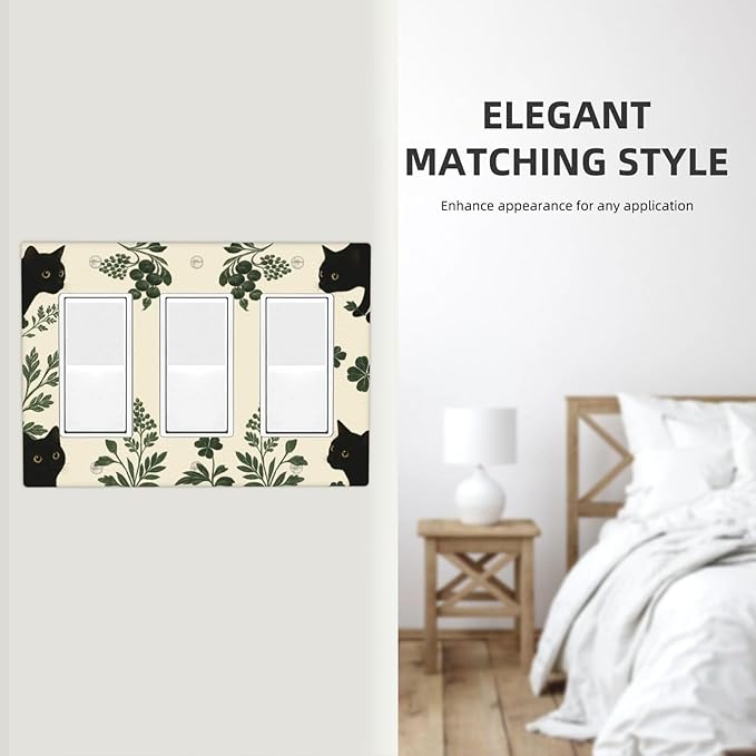 Decorative Outlet Covers Funny Black Cat Green Leaf 3 Gang Light Switch Cover Plate Triple Rocker Wall Plates for Electrical Outlets Switch Plate Covers for Bedroom Home Decor