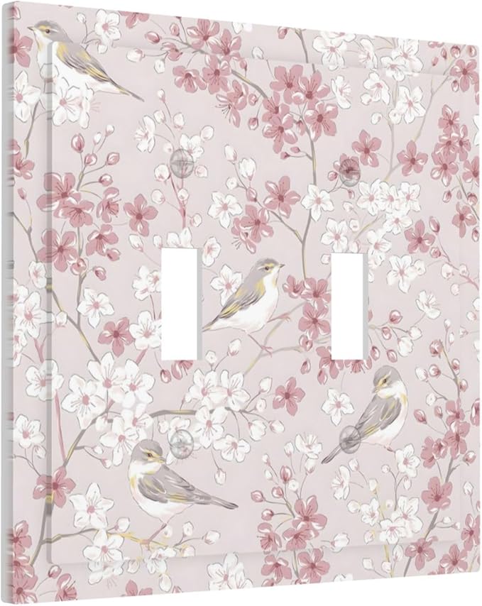 Pink Sakura Cherry Blossom Vintage Bird Floral Flower Decorative Switch Plates 2 Gang Double Toggle Outlet Light Switch Cover Wall Plate Electrical Faceplate for Bedroom Living Room Decor