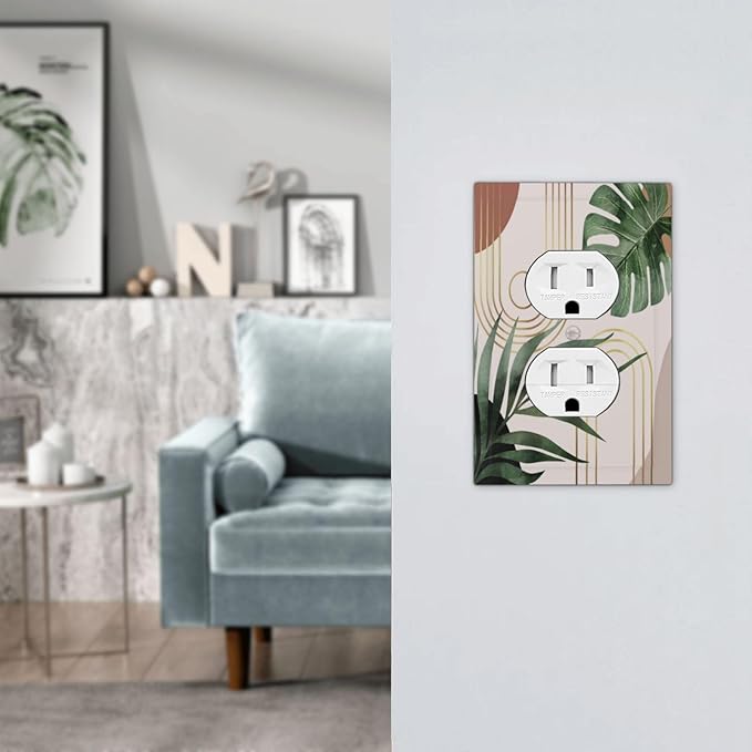 70s Tan Beige Boho Bohemian Palm Leaf 1-Gang Duplex Receptacle Wall Plate Outlet Cover Mid Century Botanical Aesthetic Abstract Art Sun Electrical One Gang Device Light Switch Faceplate Socket Cover
