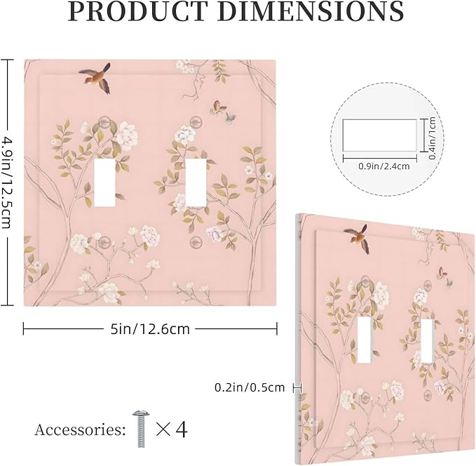 Pink Background Flowers Bird Butterflies Floral Decorative Switch Plates 2 Gang Double Toggle Outlet Light Switch Cover Wall Plate Electrical Faceplate for Bedroom Living Room Decor