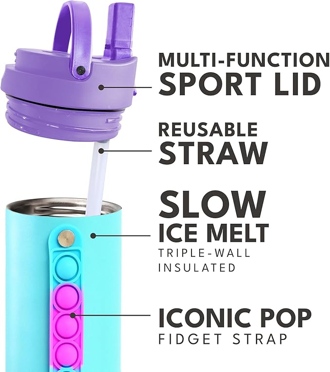 Elemental Iconic Water Bottle for School - 100% Leak-Proof Insulated Water Bottles with Straw Lid & Pop-It Handle - Triple-Wall Insulated & BPA-Free, 20oz – Blue Tie Dye
