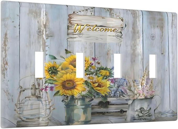 Rustic Sunflower Floral Vintage Wood Board Light Switch Covers Quad Toggle Electrical Faceplate 4 Gang Wall Plate Decorative Switch Plates Cover for Farmhouse Home Decor