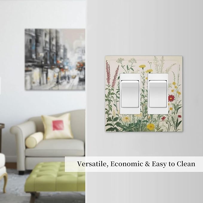 Rustic Wildflower Green Plants Daisy Floral Decorative Outlet Covers 2 Gang Double Gfci Rocker Electrical Wall Panels Light Switch Cover Plate For Farmhouse Bed Room Decor