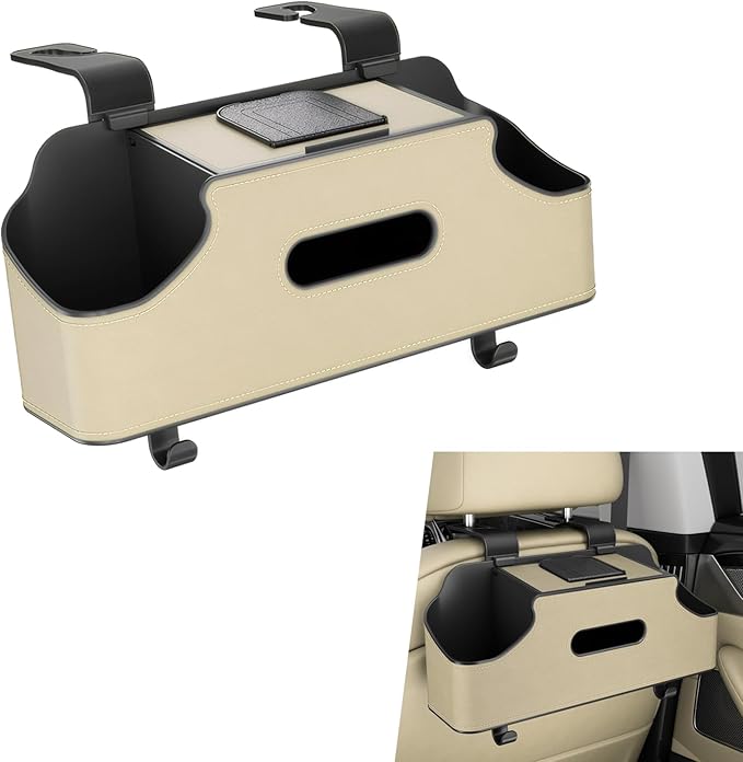 1 PC Car Seat Back Organizer, Multi-Function Tissue Storage Box with 2 Drink Cup Holders, Hanging Kids and Travel Accessories, Universal for Water Cup Phone Umbrella Bag (Beige)