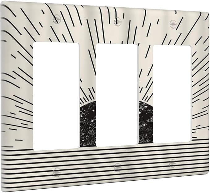 Mid Century Boho Sun Abstract Black Sunrise Horizon 3 Gang Rocker Light Switch Covers Triple Outlet Wall Plate Decorative Switchplate Cover Faceplate GFCI for Kitchen Bathroom Bedroom Decor