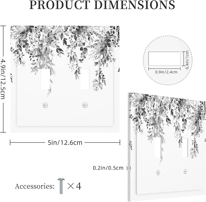 Decorative Switch Plates Grey Floral Plant Eucalyptus Leaf Flower 2 Gang Double Toggle Outlet Light Switch Cover Wall Plate Electrical Faceplate For Bed Room Living Room Decor