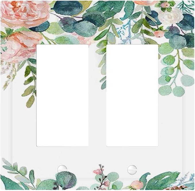 Green Eucalyptus Leaves Floral Watercolor Flower Decorative Outlet Covers 2 Gang Double GFCI Rocker Electrical Wall Panels Light Switch Cover Plate for Bed Room Living Room Decor