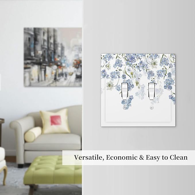 Hydrangea Blue Flowers Watercolor Floral Decorative Switch Plates 2 Gang Double Toggle Outlet Light Switch Cover Wall Plate Electrical Faceplate for Bed Room Living Room Decor