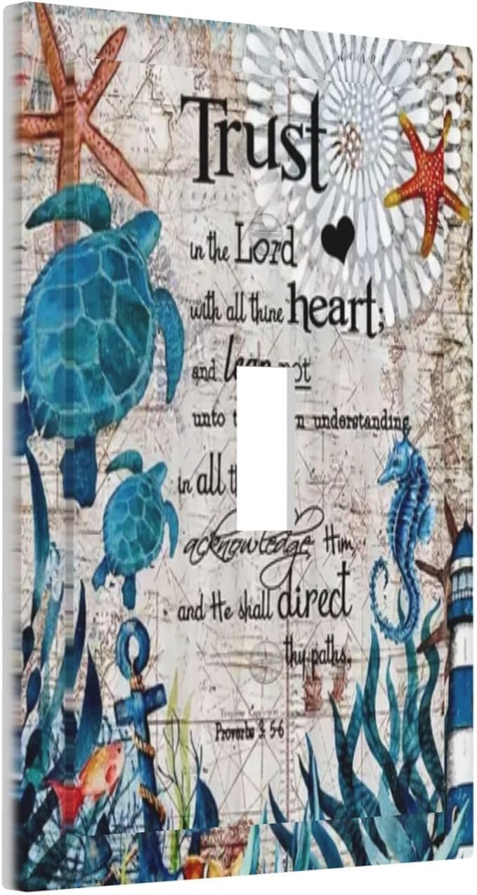 Turqoise Teal Blue Anchor Seahorse Starfish Sea Ocean Turtle Nautical Map Beach Coral Lighthouse 1 Gang Single Toggle Outlet Light Switch Wall Plate Outlet Cover Decorative Dual Electrical Faceplate
